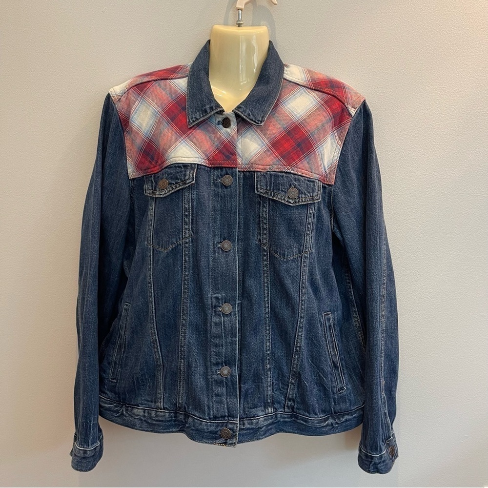 Gap Pendleton Jean Jacket Women's XL Denim Blue Red Plaid Yoke Rodeo Western